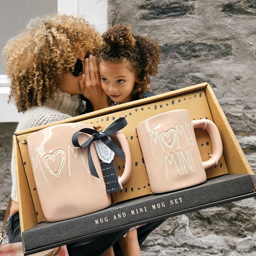 Rae Dunn Mom and Mom's Mini Heart Mug Set in Light Pink NWT in Box